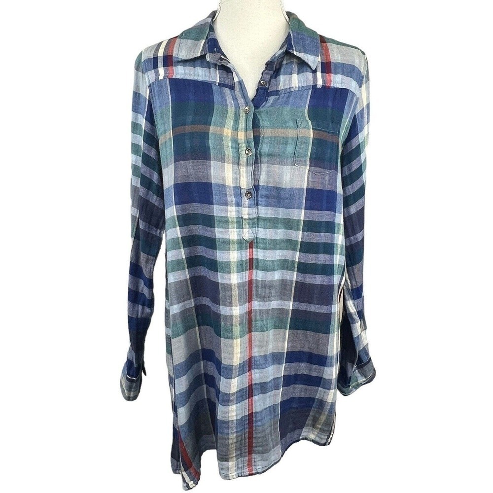 Soft Surroundings Blue Plaid Button Down Shirt Size M Cotton